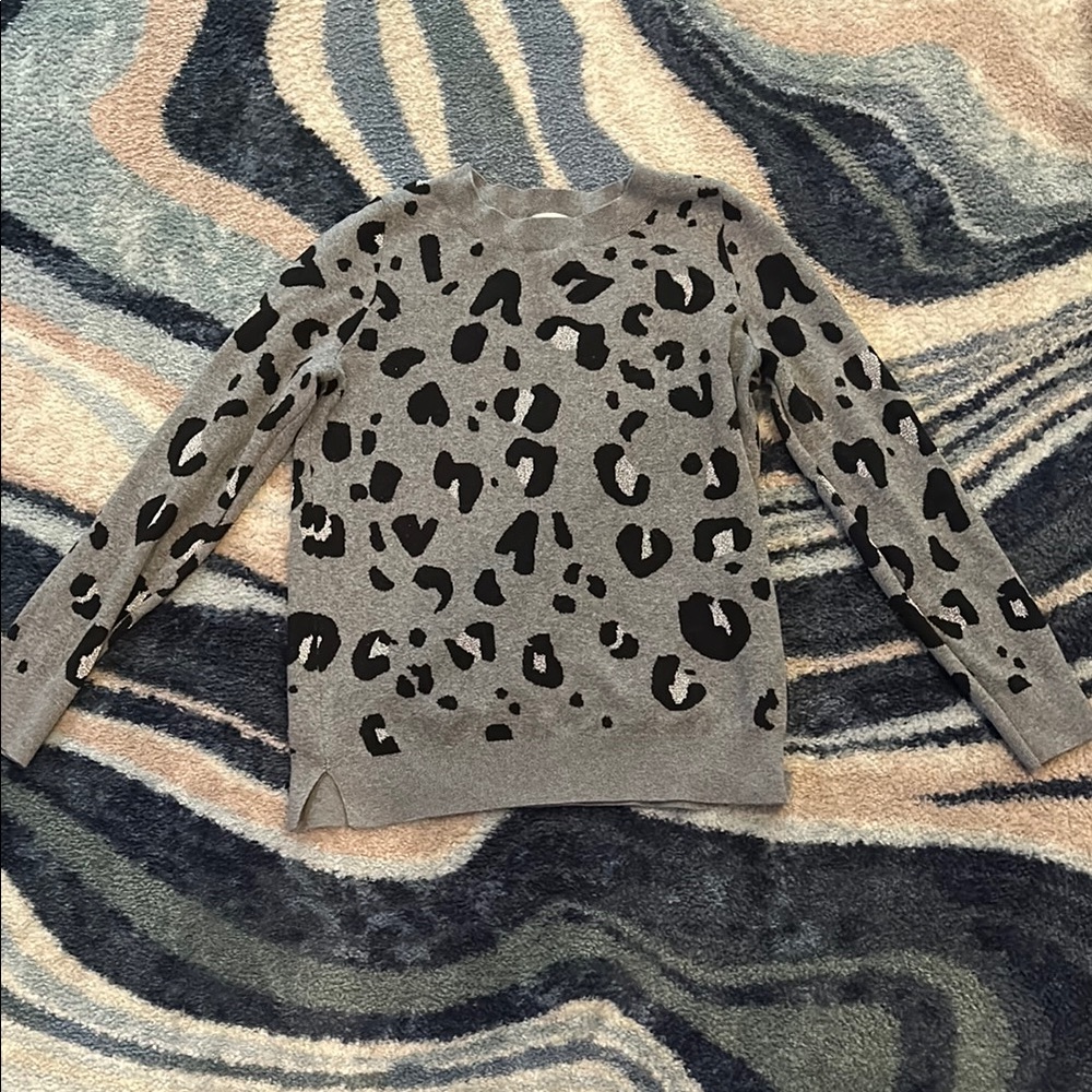 LOFT Gray Crew Neck Sweater with Leopard Print